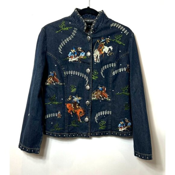 Vintage Gordon James Denim Jacket Embroidered Western Rodeo Horse Studded Medium - Picture 1 of 5